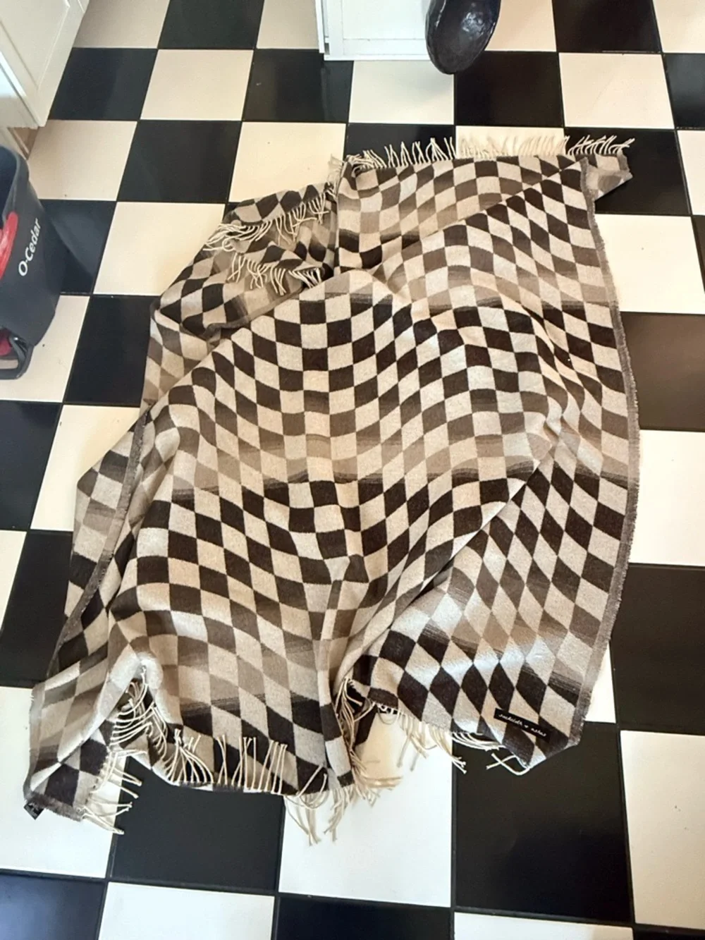 Checkerboard Fringe Blanket Throw in Brown and Cream
